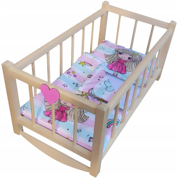 Dondolo in Legno per Bambole con Lettino e Biancheria in Cotone 100% Naturale