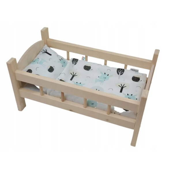 Lettino per bambole in legno naturale con completo biancheria 3 pezzi