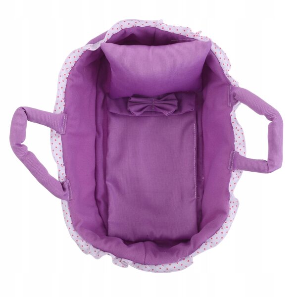 Culla portatile in tessuto lilla per bambole con manico, ideale per gioco creativo