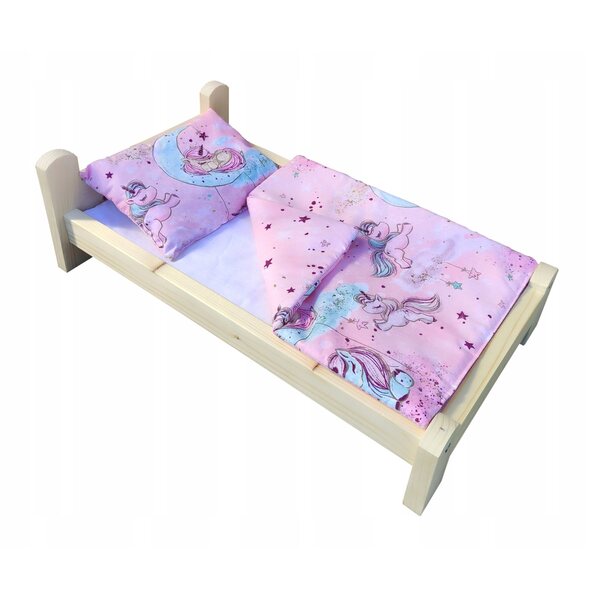 Letto in legno per bambole con biancheria unicorno 3 pezzi fino 50 cm