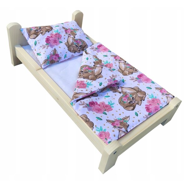 Letto in legno per bambole con biancheria unicorno 3 pezzi fino 50 cm