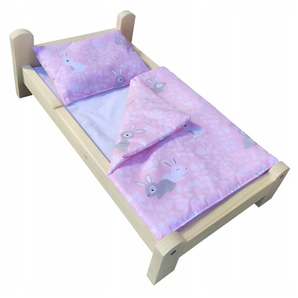 Letto in legno per bambole con biancheria unicorno 3 pezzi fino 50 cm