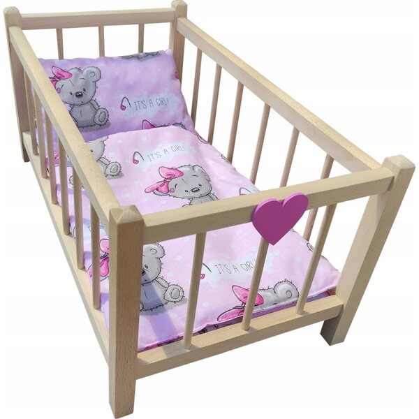 Puppenbett aus Holz mit Bettwäsche aus 100 % Baumwolle – solide und sicher
