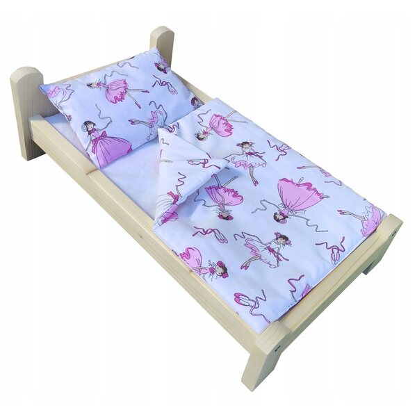 Holzbett mit 3-teiliger Bettwäsche für Puppen bis 50 cm – ideales Geschenk