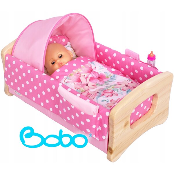 Wiege für BOBO-Puppen mit 51 cm langem Baldachin aus Holz und Stoff