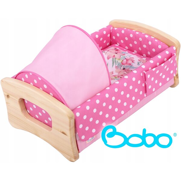 Wiege für BOBO-Puppen mit 51 cm langem Baldachin aus Holz und Stoff