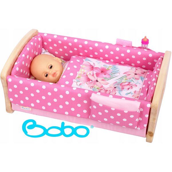 Wiege für BOBO-Puppen mit 51 cm langem Baldachin aus Holz und Stoff