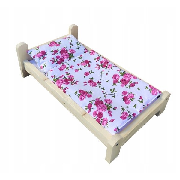 Großes Puppenbett aus Holz mit Bettwäsche aus 100 % Baumwolle