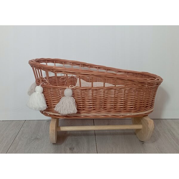 Culla in vimini per bambole con cuscino e copertina naturale 45x27 cm