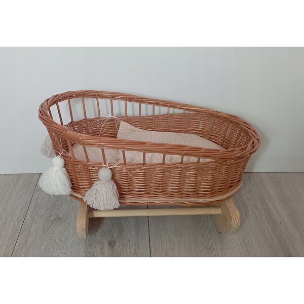 Culla in vimini per bambole con cuscino e copertina naturale 45x27 cm