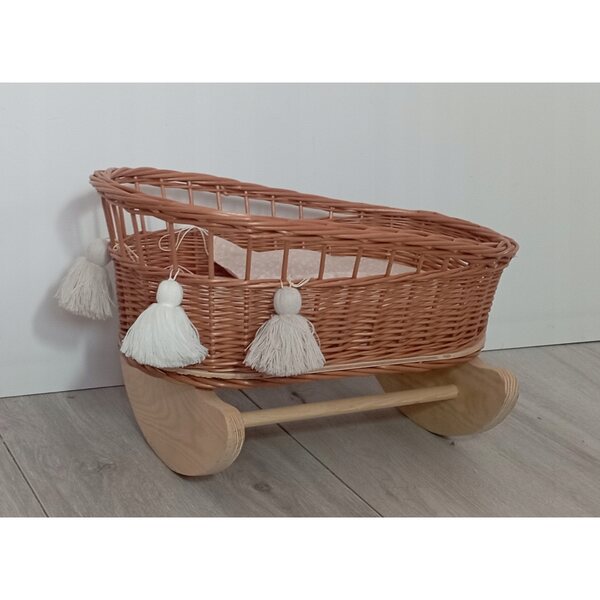 Culla in vimini per bambole con cuscino e copertina naturale 45x27 cm