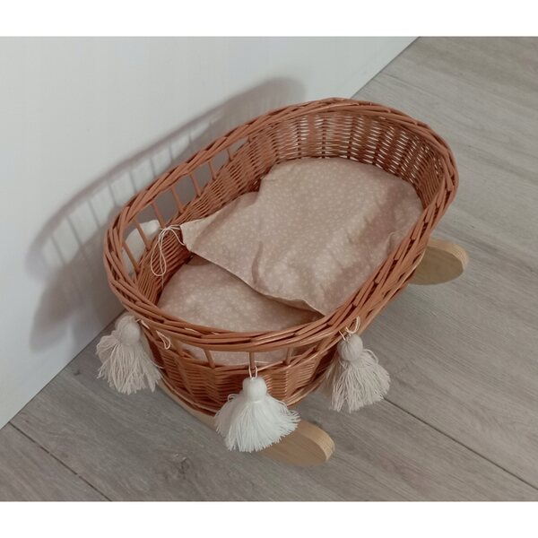 Culla in vimini per bambole con cuscino e copertina naturale 45x27 cm