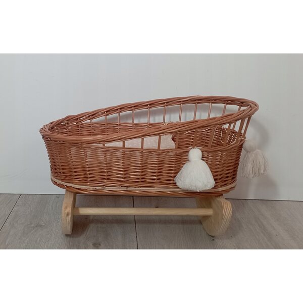 Culla in vimini per bambole con cuscino e copertina naturale 45x27 cm
