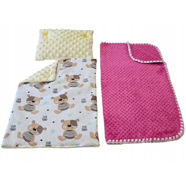 Komplettes Puppenbettwäscheset mit fuchsiafarbenem Bezug und zartrosa Kissenset