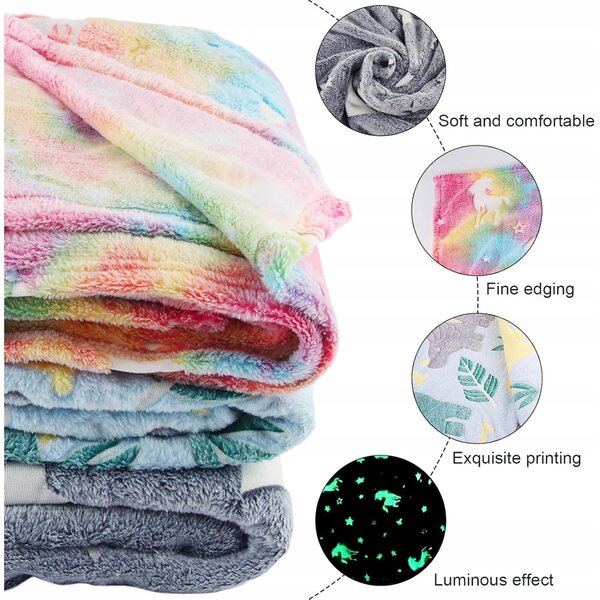 Coperta morbida per bambini 135x160 cm con unicorno e stelle che brillano al buio