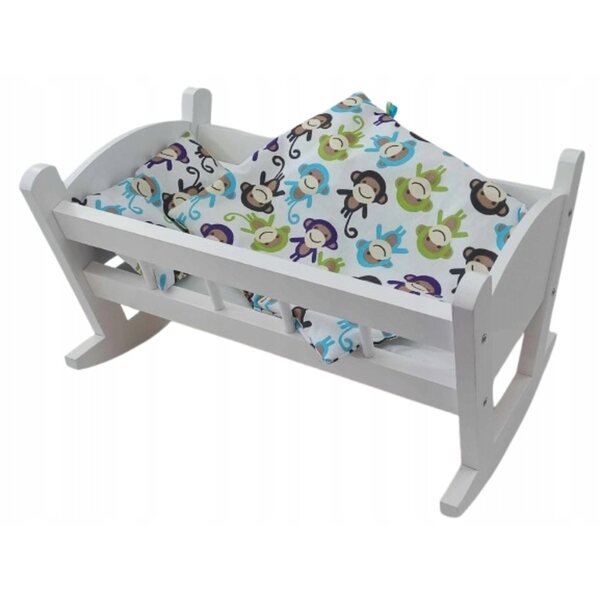 Bianca culla in legno per bambole con set di biancheria inclusa, 54x35x34 cm