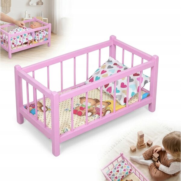 Letto in legno rosa per bambole con materasso e biancheria a cuori grandi