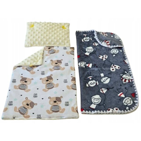 Komplettes Puppenbettwäscheset mit grau gepunkteter Decke und Kissen