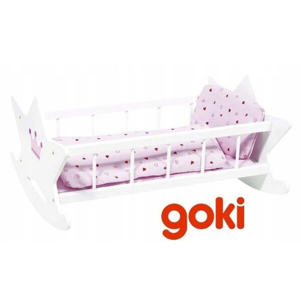 Culla in legno con biancheria rosa per bambole Goki per bambini 3+