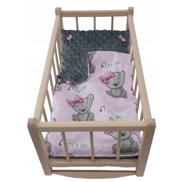 Holzbett für Puppen mit farbenfroher und weicher Bettwäsche