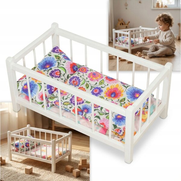 Letto in legno bianco per bambole con materasso e biancheria colorata Peewit