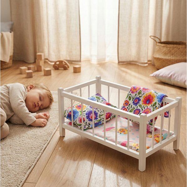 Letto in legno bianco per bambole con materasso e biancheria colorata Peewit