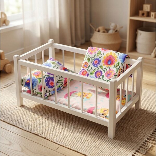 Letto in legno bianco per bambole con materasso e biancheria colorata Peewit