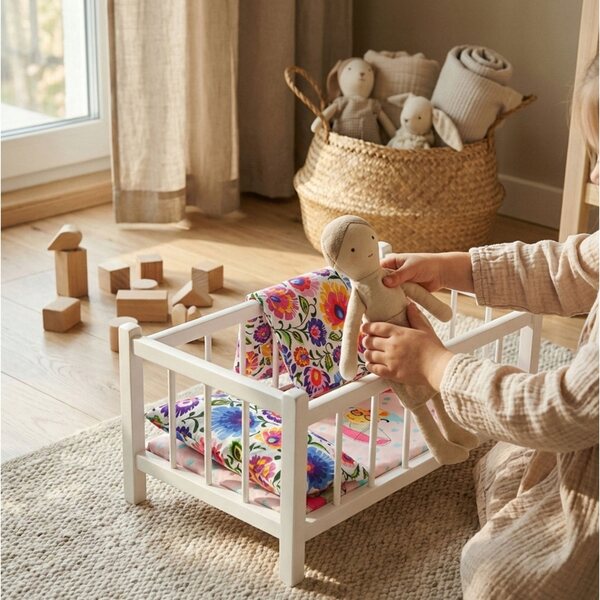 Letto in legno bianco per bambole con materasso e biancheria colorata Peewit