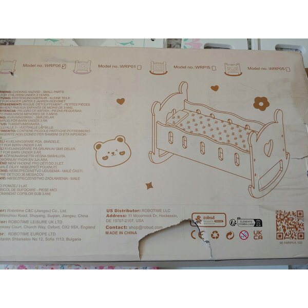 Letto a dondolo in legno per bambole 45 cm Robud, gioco ideale bambini 4+