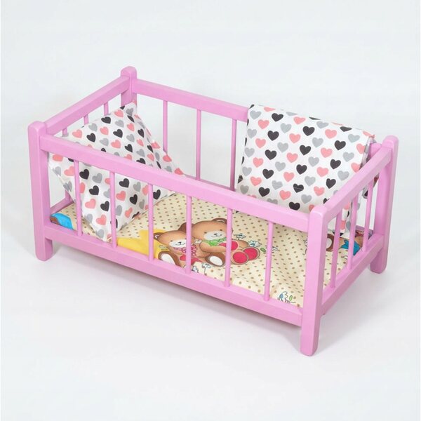 Letto in legno per bambole rosa con materasso e biancheria a cuoricini