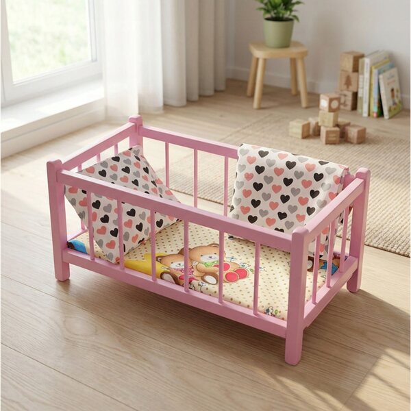 Letto in legno per bambole rosa con materasso e biancheria a cuoricini