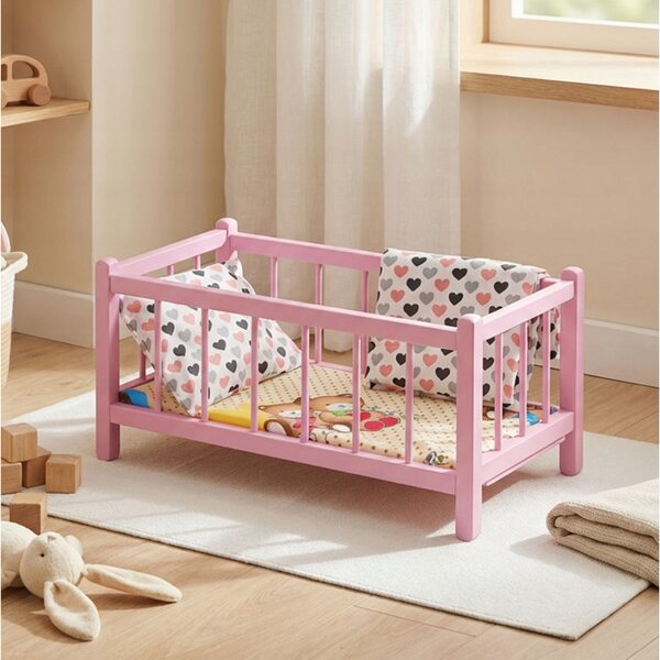 Letto in legno per bambole rosa con materasso e biancheria a cuoricini