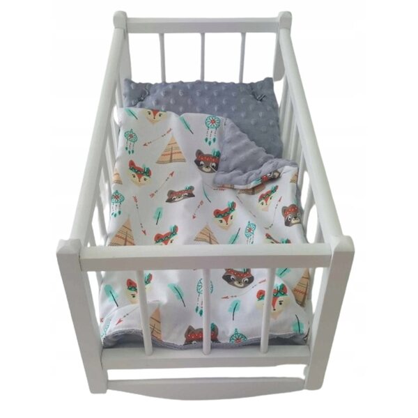Dondolo in legno bianco per bambole con set completo di biancheria da letto