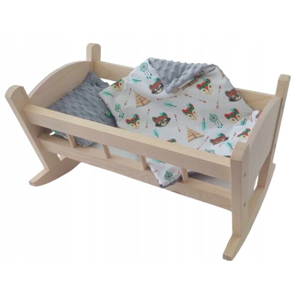 Natürliche Holzwiege für Puppen mit weicher und farbenfroher Bettwäsche, 54 cm
