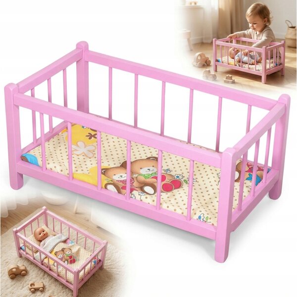 Letto in legno per bambole rosa con materasso Peewit, gioco educativo per bambini