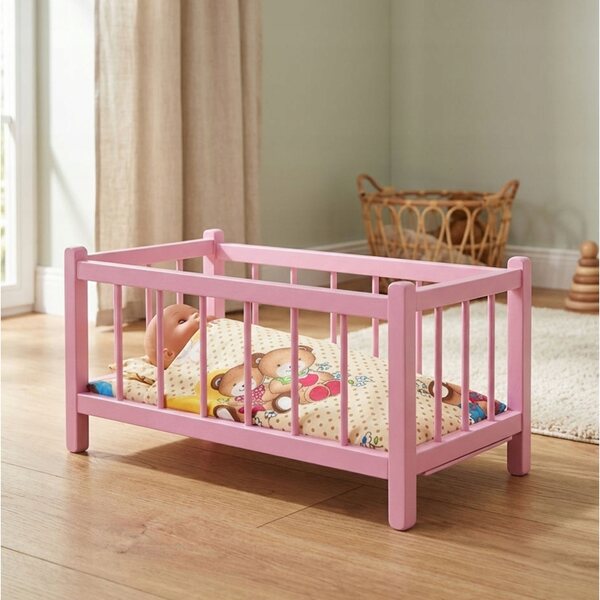 Letto in legno per bambole rosa con materasso Peewit, gioco educativo per bambini