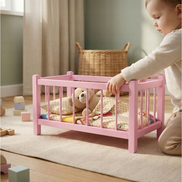 Letto in legno per bambole rosa con materasso Peewit, gioco educativo per bambini