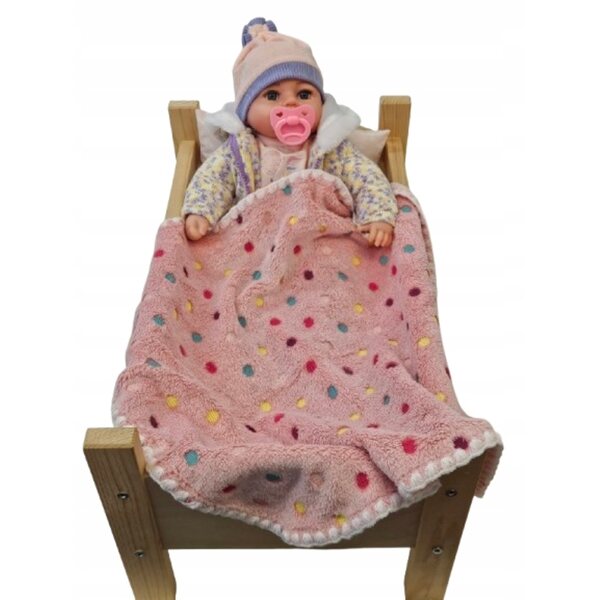 Roze poppendeken met stippen, zacht en donzig, 53x50 cm