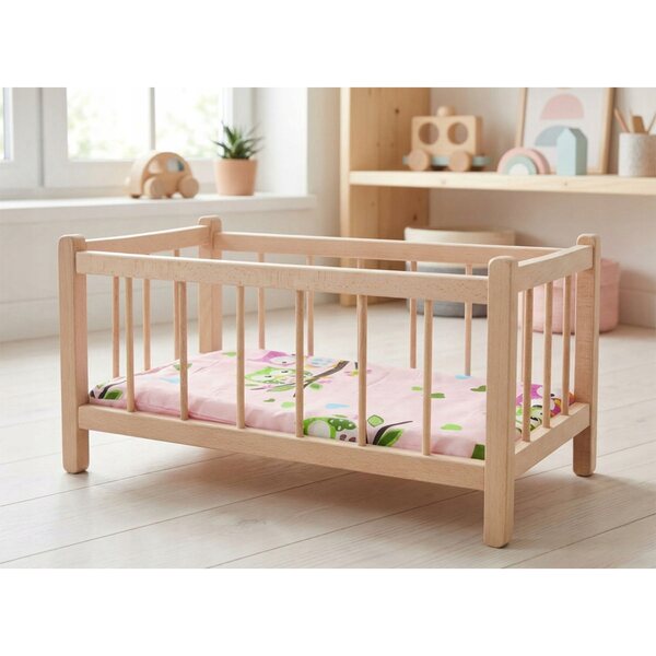 Culla in legno per bambole Peewit Montessori con materasso e biancheria a cuori