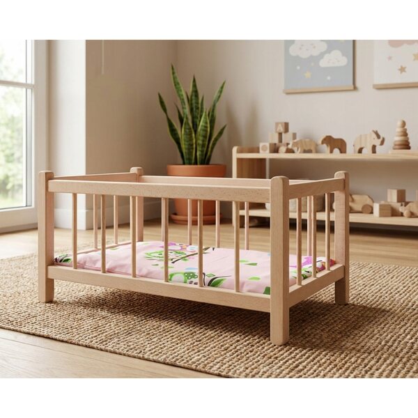 Culla in legno per bambole Peewit Montessori con materasso e biancheria a cuori