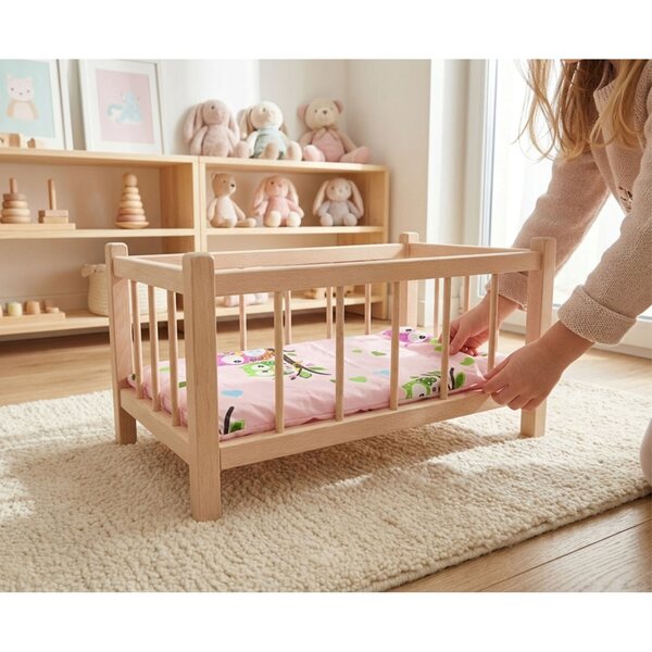 Culla in legno per bambole Peewit Montessori con materasso e biancheria a cuori