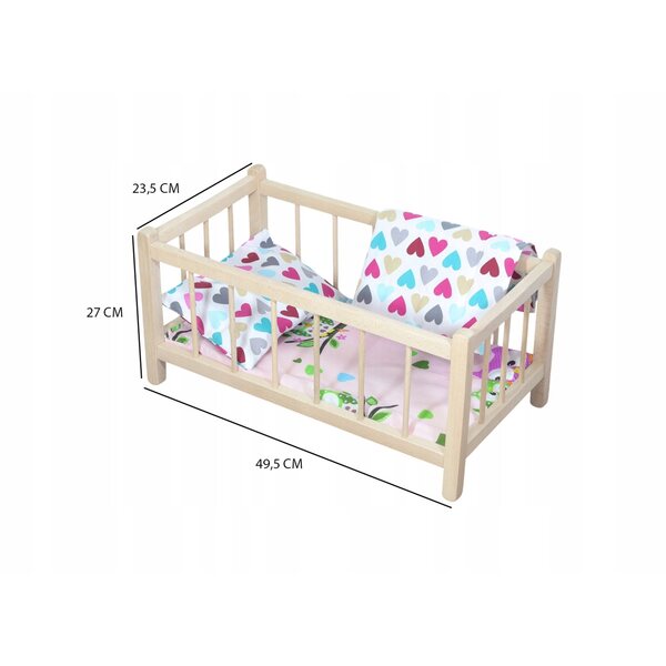 Culla in legno per bambole Peewit Montessori con materasso e biancheria a cuori