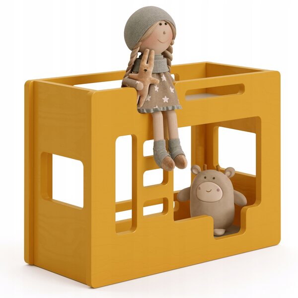 Ein Etagenbett aus senffarbenem Holz für Puppen: sicheres Spielen und perfektes Design