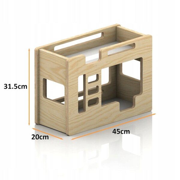 Ein Etagenbett aus senffarbenem Holz für Puppen: sicheres Spielen und perfektes Design
