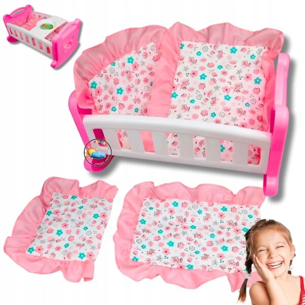 Culla per bambole con biancheria rosa e vassoio per la pappa Motylek 37 cm