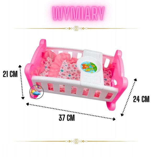 Culla per bambole con biancheria rosa e vassoio per la pappa Motylek 37 cm