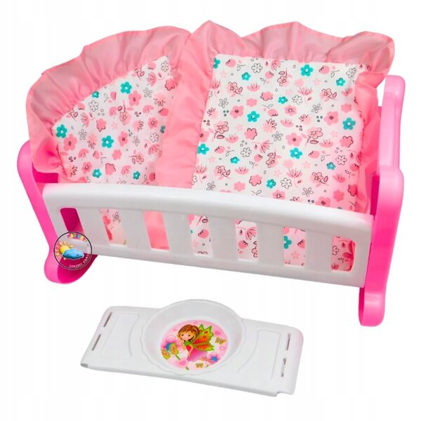 Culla per bambole con biancheria rosa e vassoio per la pappa Motylek 37 cm