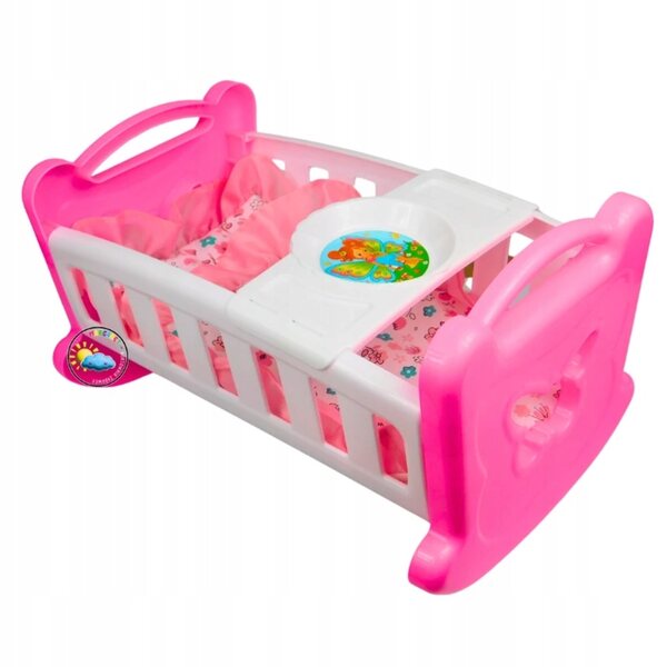 Culla per bambole con biancheria rosa e vassoio per la pappa Motylek 37 cm