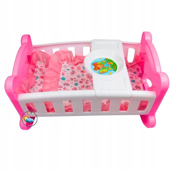 Culla per bambole con biancheria rosa e vassoio per la pappa Motylek 37 cm