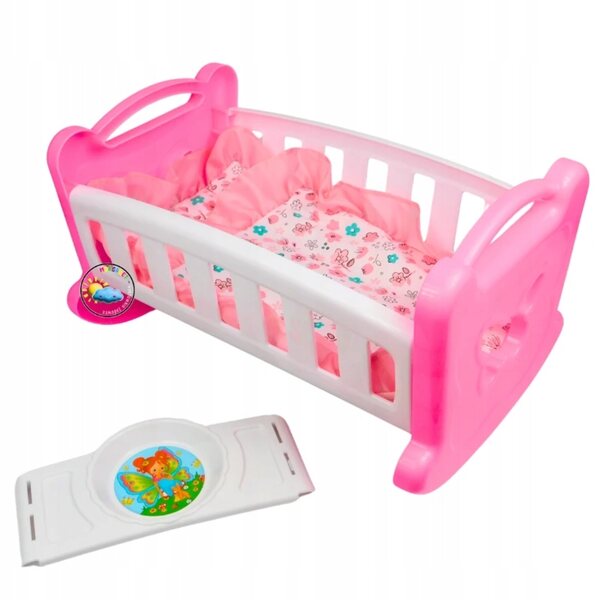 Culla per bambole con biancheria rosa e vassoio per la pappa Motylek 37 cm